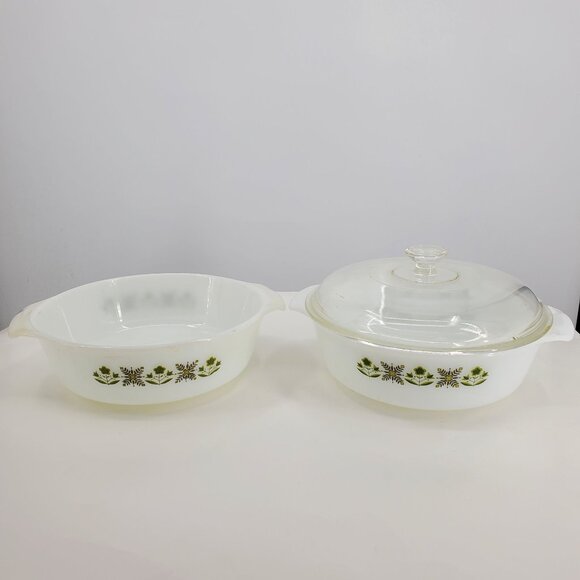 Vintage Anchor Hocking Co Meadow Green Print 2 Circle Casserole Dishes - Picture 1 of 16